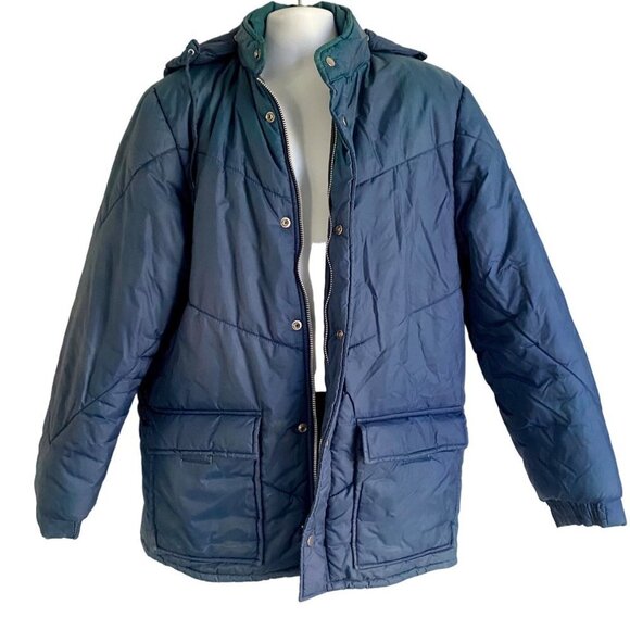 Montgomery Ward Blue Parka Jacket with Removable Hood Vintage Large - Picture 2 of 16